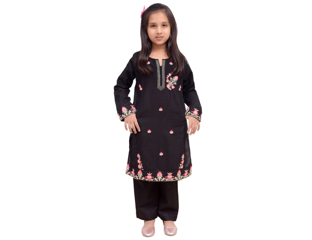 Black Embroidered Khaddar 2 PC Girl Suit-3 Years To 16 Years