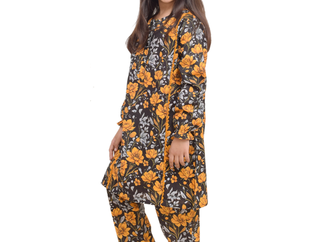 Black Floral Printed Khaddar 2 PC Girl Suit- 3 Years To 14 Years