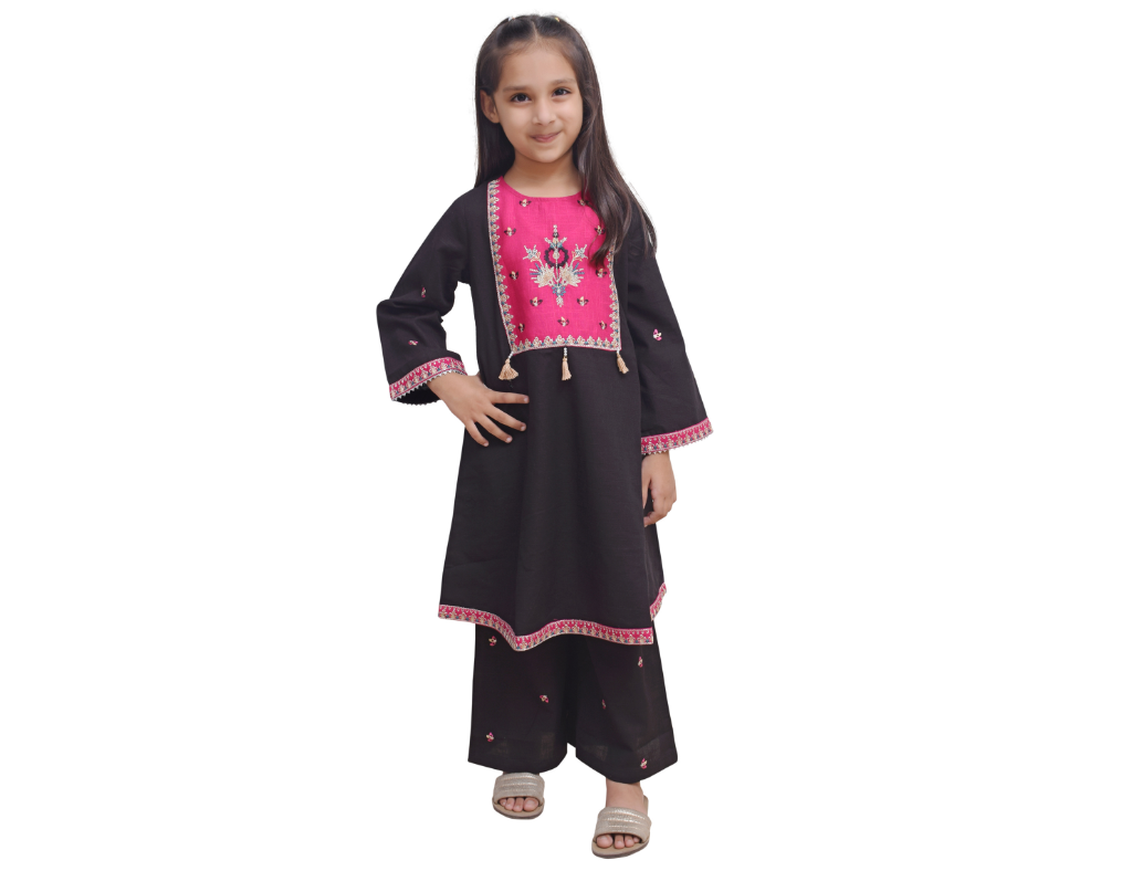 Black Pink Khadar Embroided 2 Pc Suit