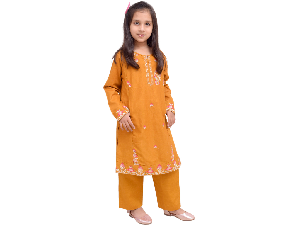 Mustard Embroidered Khaddar2 Pc Suit Girl- 1 Year to 16 Year