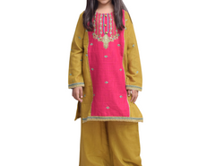 Mustard Pink Embraided Khadar Suit 2 Pc